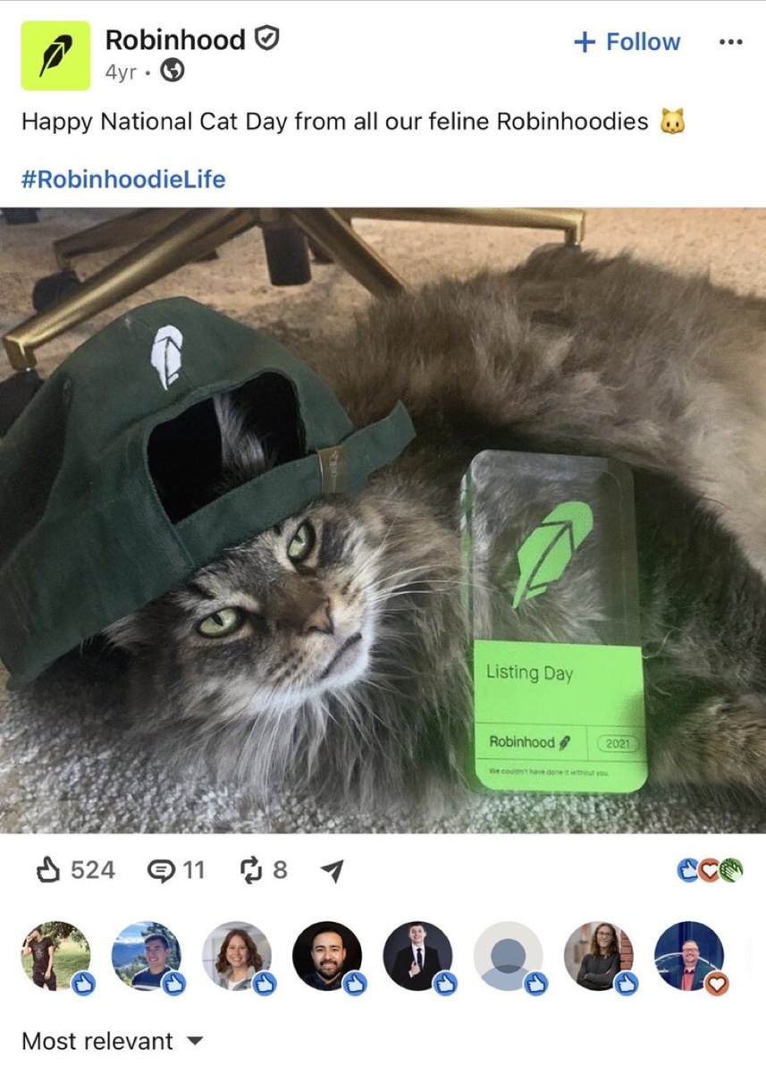 "Happy National Cat Day from all our feline Robinhoodies" — @Robinhood