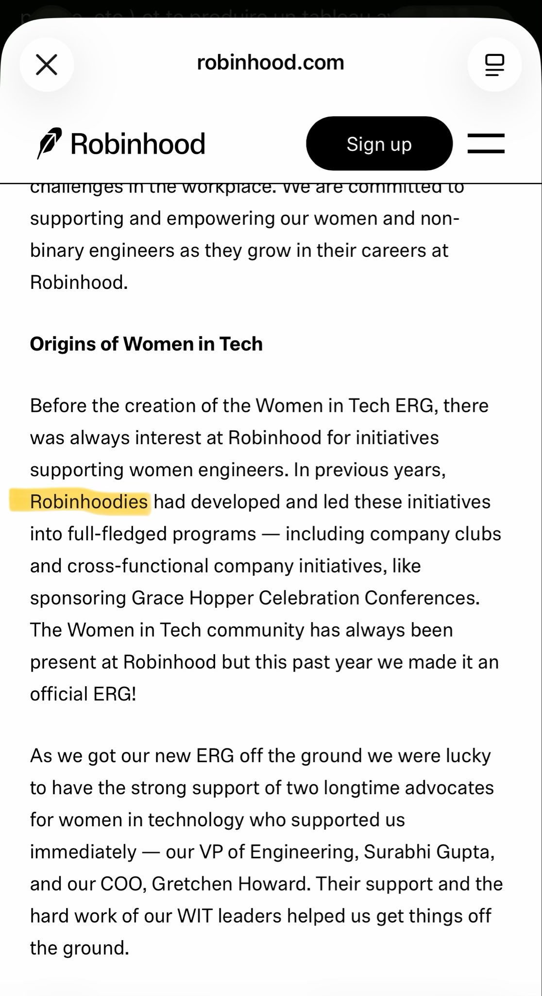 "Robinhoodies had developed and led these initiatives" — robinhood.com, Women in Tech.
